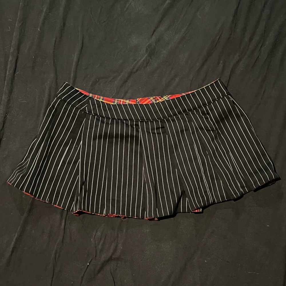 reversible plaid and pinstripe mini skirt